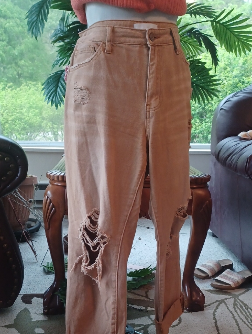 Distressed Boyfriend Jeans in Tan for Women
